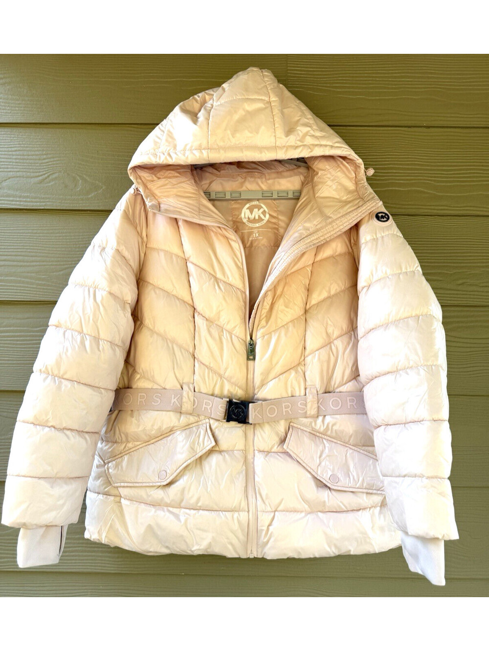 Michael Kors Women's Nylon Quilted Belted Jacket Puffer Coat Blush Size 1X